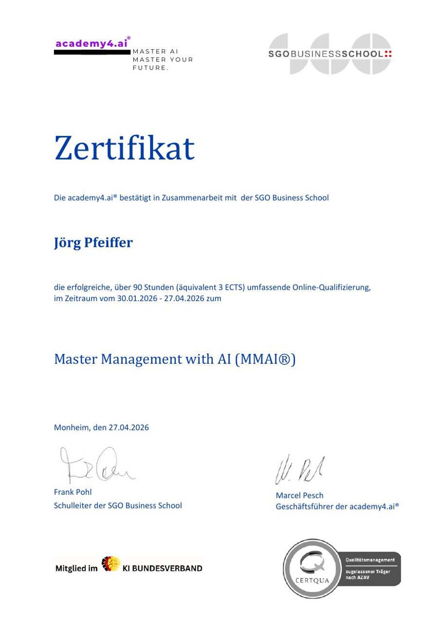 Jörg Pfeiffer adına Master Management with AI (MMAI®) sertifikası, academy4.ai® ve SGO Business School, 27.04.2026