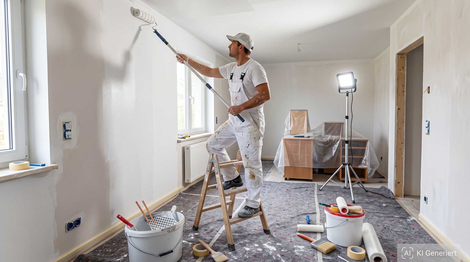 Image d’illustration générée par IA : peintre peignant un mur au rouleau, sol et meubles protégés